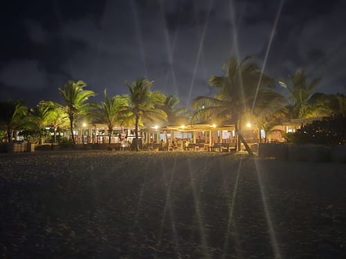 Bar et lounge illuminé en bord de plage au Paradise Lagoon, Grimaud Locations à Cul-de-Sac avec palmiers et plage de sable