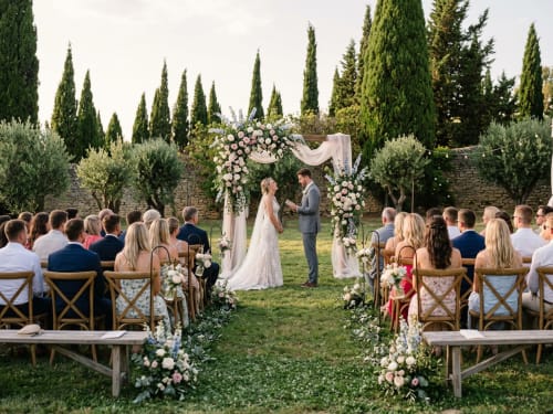 Ceremonia de boda al aire libre en Domaine De Poulharies en Carcasona con arco floral e invitados sentados en sillas rústicas