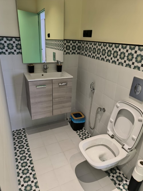 Modern bathroom in SAMYAflat Tangier apartment with green mirror, patterned tile accents, sink vanity, and toilet