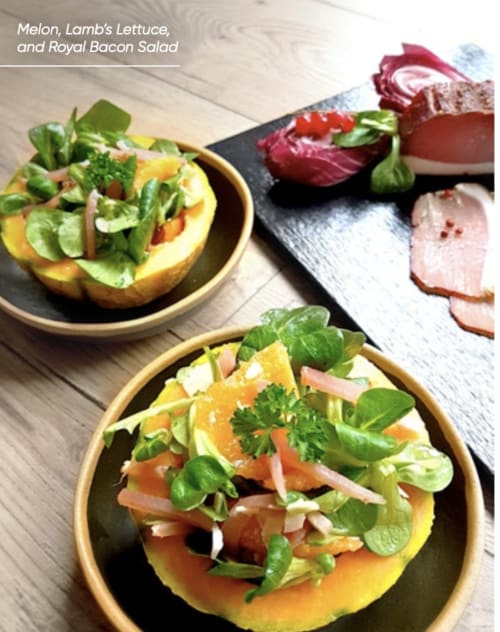 Salade de melon, mâche et bacon fumé à Villa Avril & Spa, Sélestat