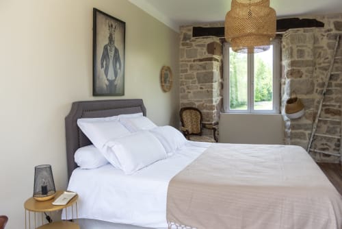 Chambre élégante à La Demeure du Comte avec murs en pierre, vue sur jardin et équipements modernes