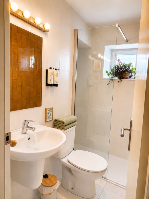 Modern bathroom at Mas Ribas Hotel in Palamos with white fixtures, wooden mirror frame, glass shower, and potted flowers