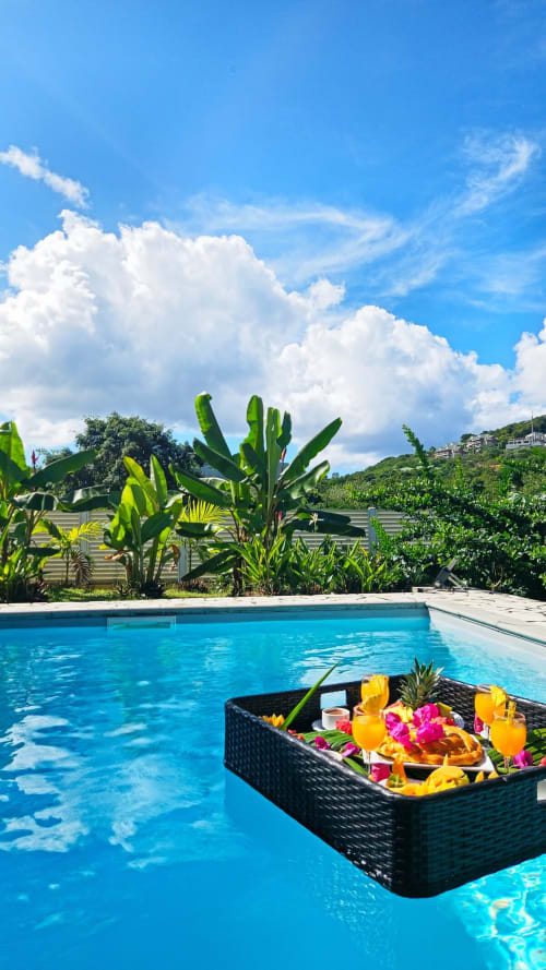 Piscine de luxe avec plateau flottant de fleurs, plantes tropicales et vue sur les montagnes à la Villa La Suite Viva Vero, Martinique