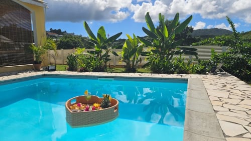 Piscine turquoise avec panier de fleurs flottant à la Villa La Suite Viva Vero, entourée de plantes tropicales et de montagnes