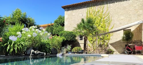Vue sur la piscine tropicale de Villas Lux avec terrasse, plantes exotiques et villa historique à Béziers