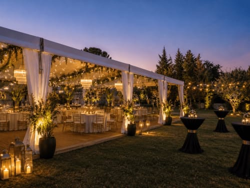 Élégante tente de mariage en plein air au Domaine De Poulharies à Carcassonne avec guirlandes lumineuses, verdure et tables illuminées aux chandelles
