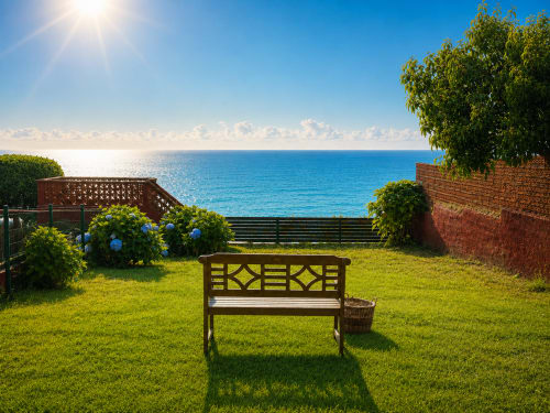 Banco de madera en jardín de Oia con vistas al mar turquesa, hortensias azules y muros de ladrillo
