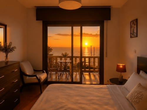 Vista al atardecer del océano desde el balcón del dormitorio de la casita Vila Santa Rita en Oia con mobiliario moderno