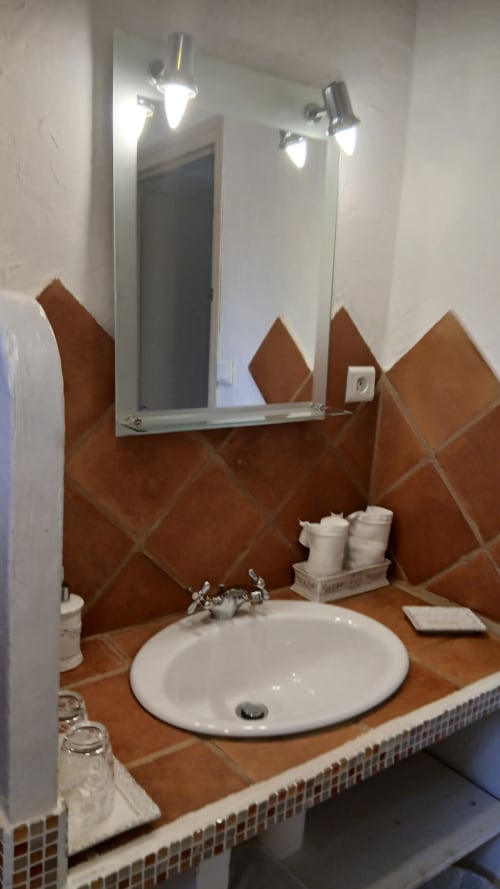 Salle de bain avec vasque circulaire blanche, dosseret en carrelage terracotta, miroir lumineux et équipements hôteliers à La