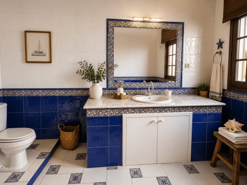 Baño de lujo en la villa Santa Rita, Oia con azulejos marroquíes azules y blancos, encimera de mármol y espejo ornamental