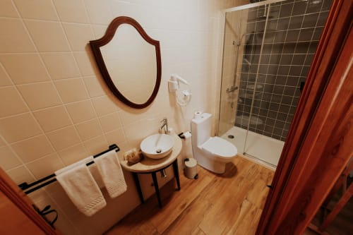 Modern bathroom in Casa de Campo da Quinta da Pegada, Óbidos with round sink, toilet, shower, wooden flooring and decorative