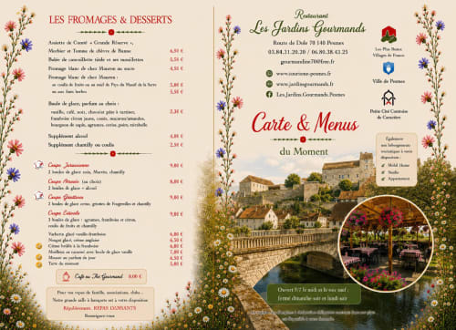 Menu du restaurant Les Jardins Gourmands à Pesmes, France avec fromages locaux, desserts et spécialités gastronomiques