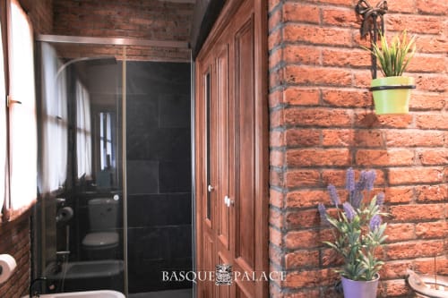 Baño de ladrillo con mampara de ducha negra y plantas colgantes en la casa rural Basque Palace de Laukariz