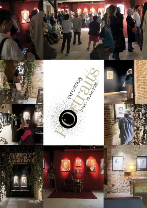 Art exhibition at Domaine de l'Ocrerie showcasing portraits on red walls with visitors and ivy-decorated spaces in Pourrain,