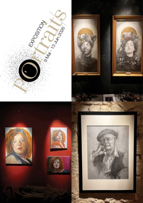 Art exhibition at Domaine de l'Ocrerie in Pourrain featuring portrait paintings and drawings displayed in gallery frames