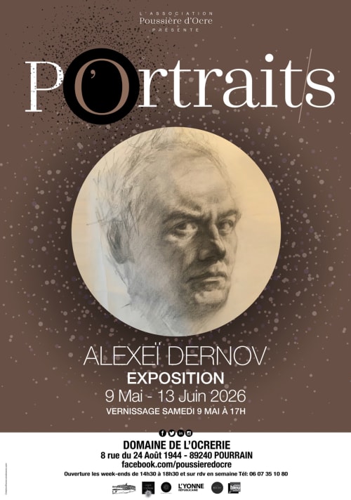 Portraits exhibition poster for Alexei Dernov at Domaine de l'Ocrerie, Pourrain, May-June 2026