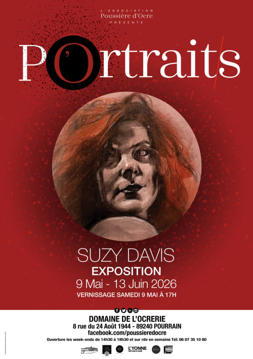 Suzy Davis portrait exhibition poster at Domaine de l'Ocrerie, Pourrain, May-June 2026