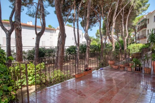 Terrasse avec grands pins, carrelage en terre cuite et plantes en pot à l'hôtel Finques Garcia Enrich de Palafrugell