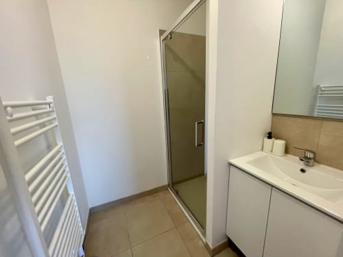 Modern bathroom at Marina di Bravone beach apartment with sink, shower, heated towel rack, and mirror