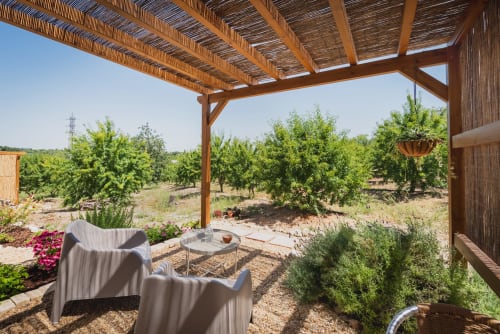 Área de estar sombreada sob pérgola com vista para os jardins de pomares de amêndoas da pousada rural Monte das Açoteias em Tavira, Portugal