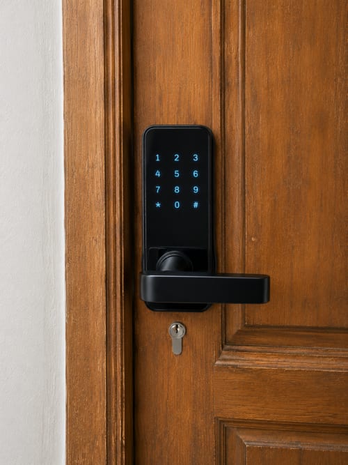 Cerradura digital en puerta de madera a la entrada del apartamento Apartamentos RJ26 León
