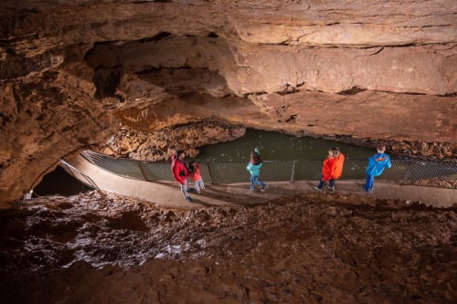 Des visiteurs explorent une grotte souterraine avec un bassin d'eau aux Gîtes les Orchidées à Cluny, France
