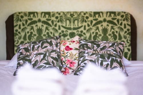 Coussins décératifs sur lit avec tête de lit verte à motifs à La Maison Du Saule B&B à Faverolles sur Cher
