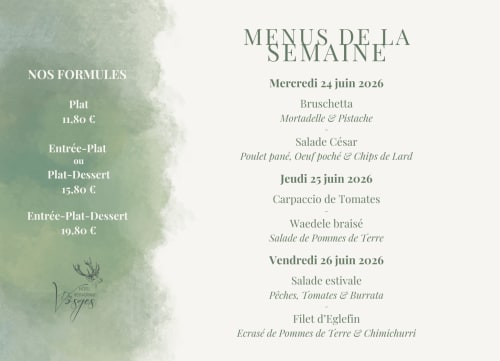 Menu hebdomadaire du restaurant Hôtel Des Vosges à Sommerau proposant une cuisine française du 24 au 26 juin 2026