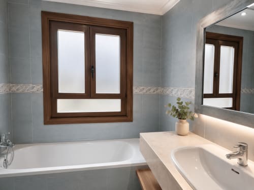 Baño moderno del hotel Holibai en Baiona con lavabo blanco, bañera, espejo y ventana con marco de madera