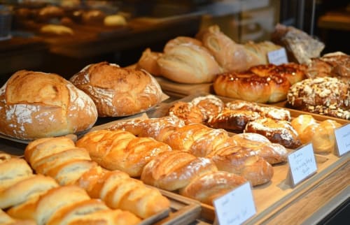 Fresh baked breads and croissants displayed at Manta Ray Lodge bakery counter
