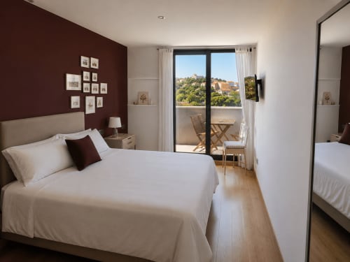 Habitación moderna en hotel Holibai de Baiona con terraza, ropa de cama blanca, pared acento burdeos y vistas al mar.