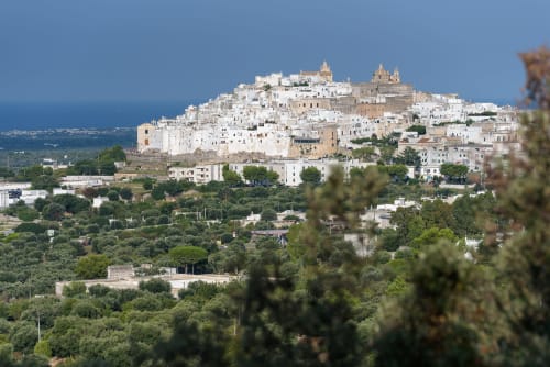 Il bianco villaggio collinare di Ostuni con cattedrale domina la campagna verde e il Mar Adriatico, location del B&B Pietra & Luce