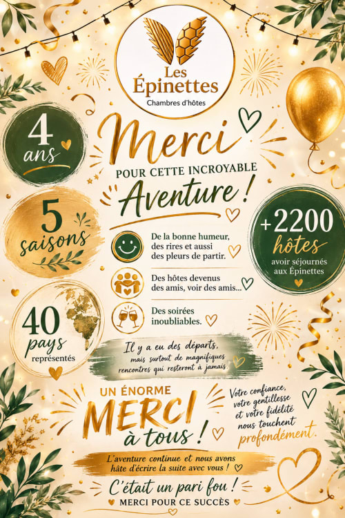 Les Épinettes Crèvecœur-le-Grand celebration poster with 4 years, 5 seasons, 40 countries, 2200+ guests