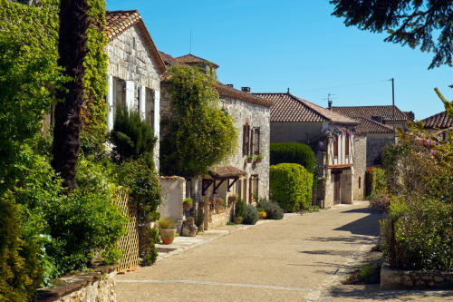 Rue pavée pittoresque à Villa des Palmiers B&B, Villeneuve-sur-Lot, bordée de bâtiments en pierre couverts de lierre.