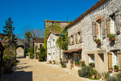 Charmante cour en pierre à la Villa des Palmiers B&B à Villeneuve-sur-Lot, avec bâtiments de lierre et fleurs