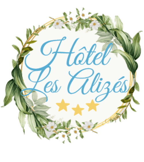 Hôtel Les Alizés logo with floral wreath, daisies, and three gold stars, Puget-Théniers B&B