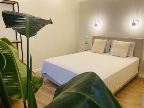 Modern bedroom at Santa Cruz Historic Guest House in Lagos with white bed, potted plants, pendant lights, and wooden floors
