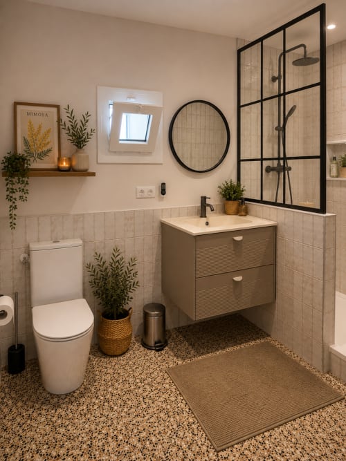 Salle de bain moderne de la chambre Mimosa au Mas des Vignes, Drôme Provence avec douche à l'italienne, vasque et décoration contemporaine