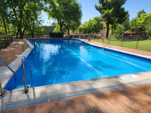Piscina rectangular azul en Alojamientos Rurales Fuente Vieja, casa rural en Arbancón, España, rodeada de árboles