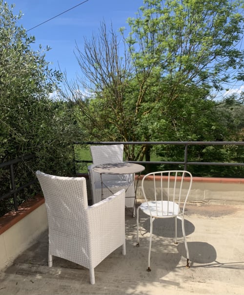 Area lounge in terrazza presso Ca' Salino con sedia in vimini bianco, sedia in metallo e tavolo rotondo con vista su rigoglioso giardino