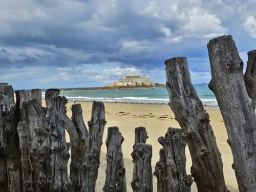 Des poteaux en bois usés encadrent la forteresse du Mont-Saint-Michel sur la plage de sable, vue côtière de Saint-Benoît-des-Ondes