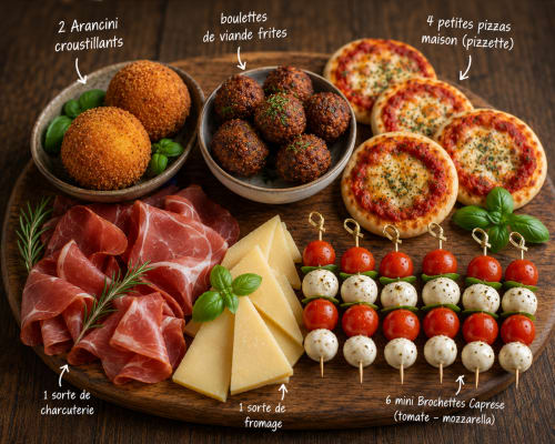 Plateau de charcuterie française avec arancini, boulettes, pizzas, charcuteries, fromages et brochettes caprese chez Suite & Duplex