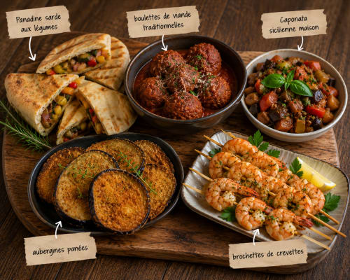 Assortiment de cuisine française avec aubergine, boulettes, brochettes de crevettes et panini à Suite & Duplex, Cabannes