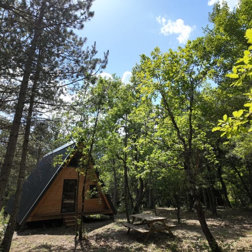 Cabane en A en bois entourée d'arbres à la Fontaine Vineuse Spa Hotel à Saint-Pierre-d'Argençon, avec table de pique-nique