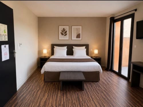 Modern hotel bedroom at Hôtel de la Bourse in Bagnols-sur-Cèze with double bed, warm lighting, wooden floors, and terrace