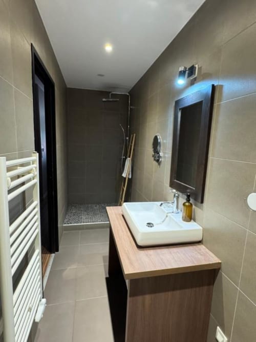Modern bathroom at Hôtel de la Bourse with white sink, dark mirror, tiled walls, and walk-in shower
