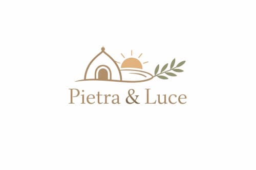 Logo dell'hotel boutique Pietra & Luce a Ostuni, Italia: villa in pietra con porta ad arco, sole e ramo d'olivo
