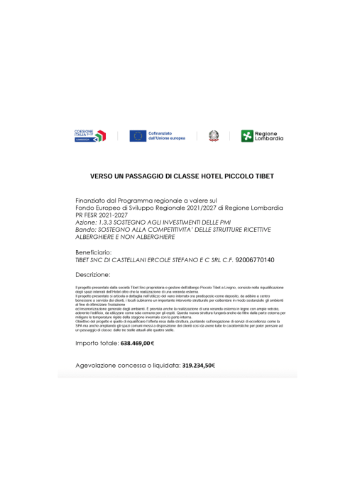 Documento di sintesi del progetto Hotel Piccolo Tibet per l'upgrade delle camere a Livigno, Italia