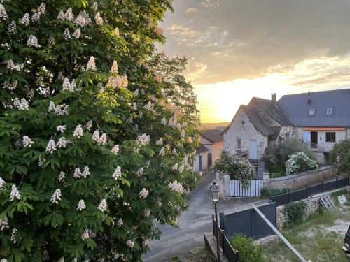Vue du coucher de soleil à La Closerie Des Arts à Gabillou avec fleurs blanches éclatantes et maisons en pierre de style français traditionnel