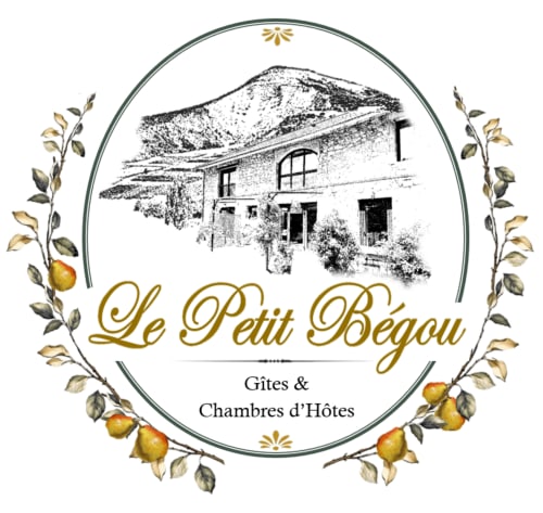 Le Petit Bégou guesthouse in Saint-Auban-d'Oze with stone building and mountain backdrop, Gites & Chambres d'Hôtes logo with